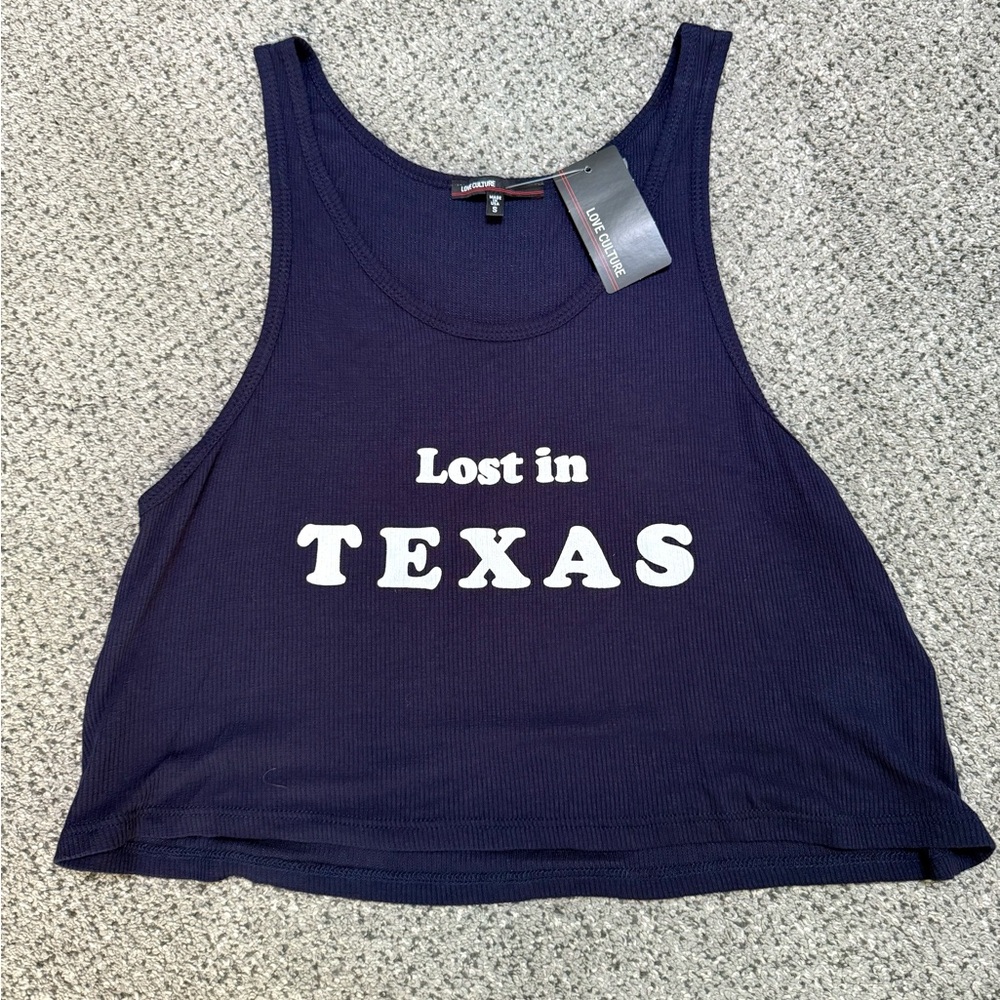 Love Culture Navy Graphic Crop “Lost in Texas” Tank Top
